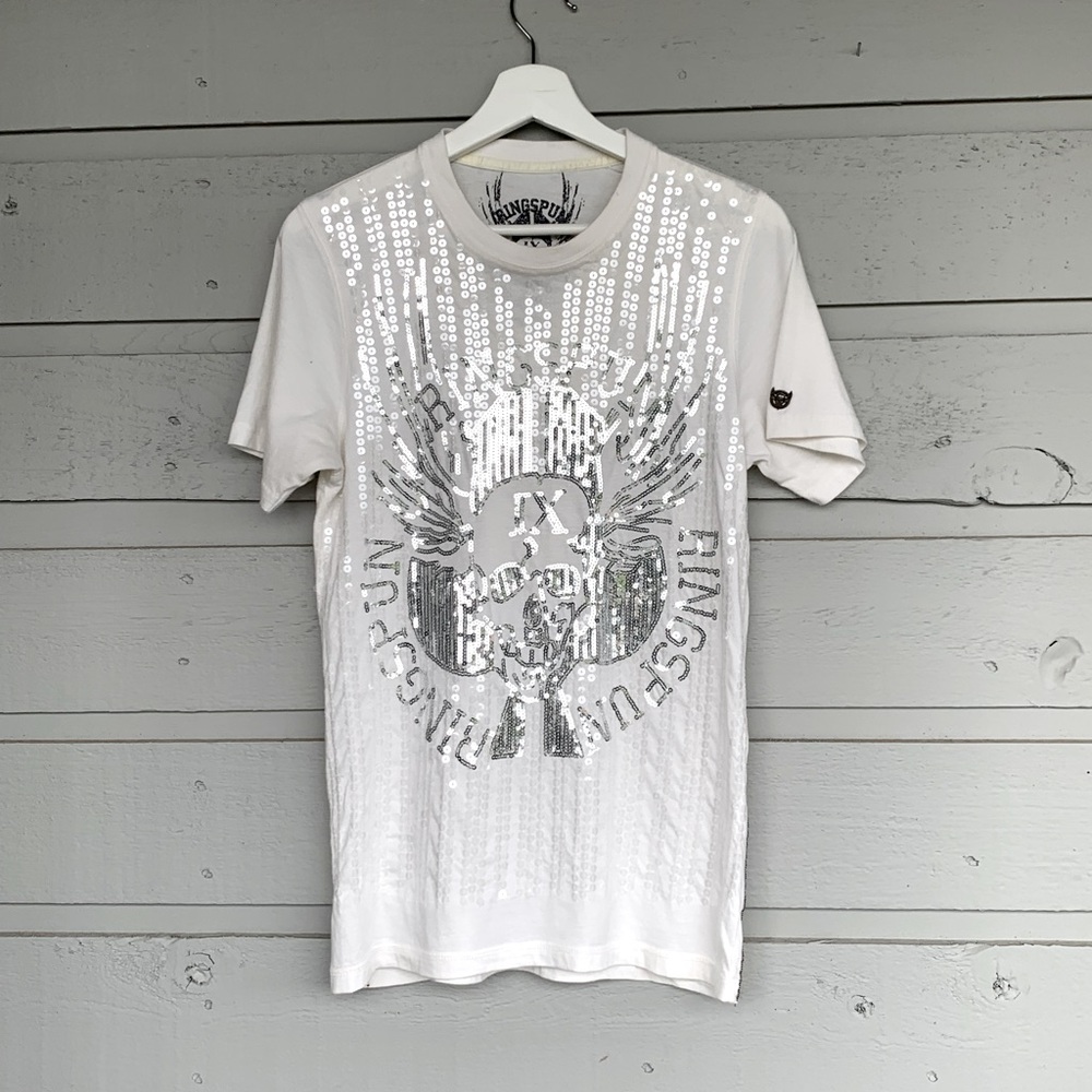 RINGSPUN IX UNISEX GRAPHIC TEE/ SKULL MOTIF SEQUINED/MINI CHAIN SIDE DETAIL